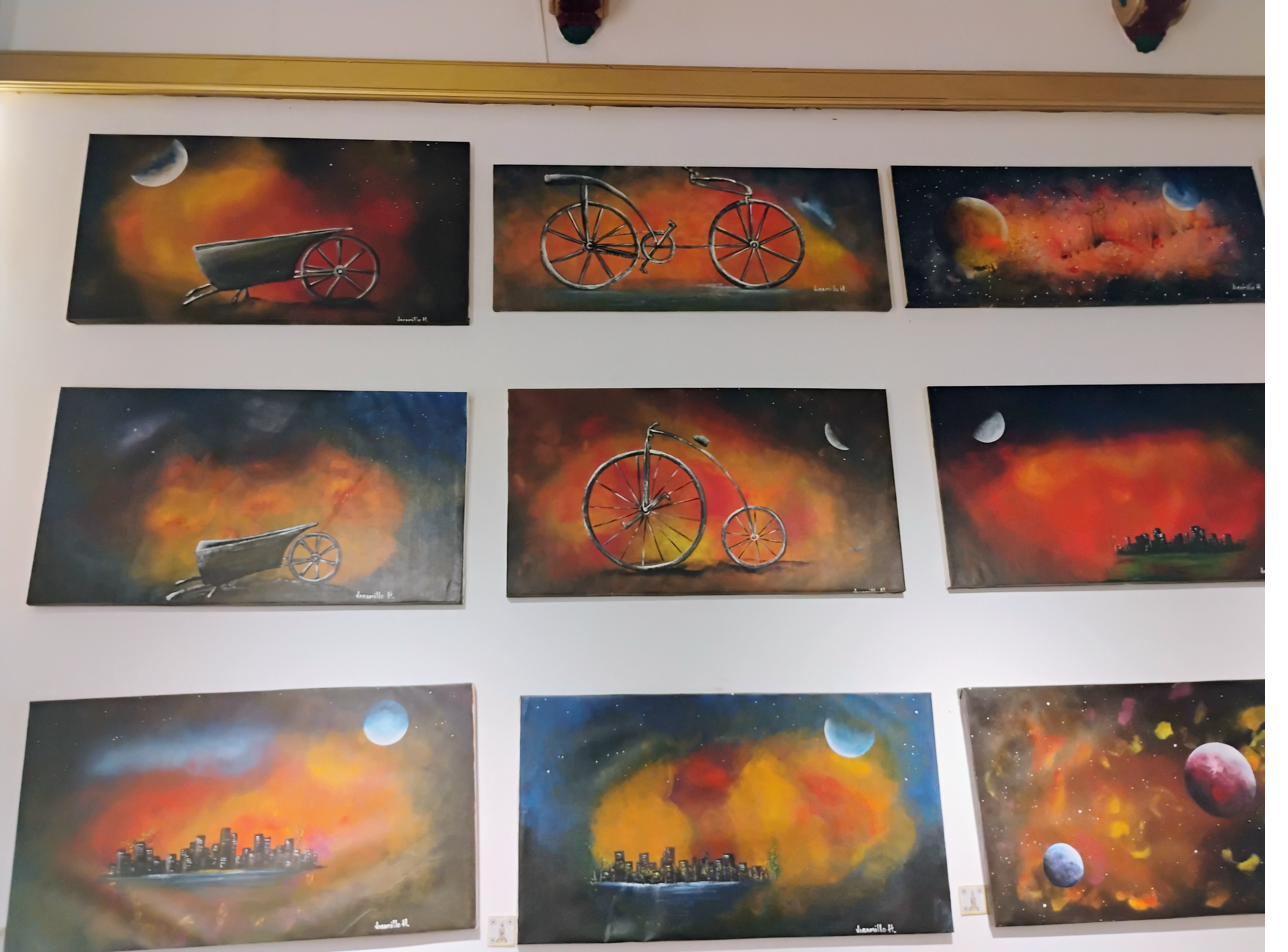 Jaramillo M. cosmic paintings — wheelbarrows and bicycles